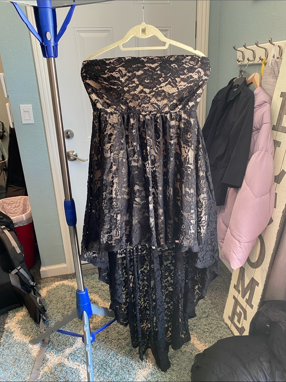 Sequin Hearts Black Lace Strapless High-Low Dress